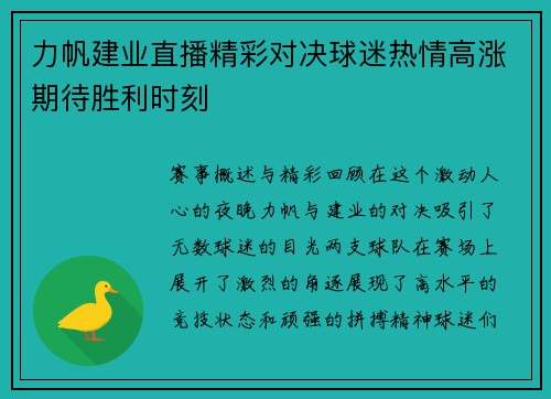 力帆建业直播精彩对决球迷热情高涨期待胜利时刻