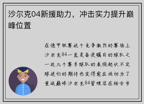 沙尔克04新援助力，冲击实力提升巅峰位置